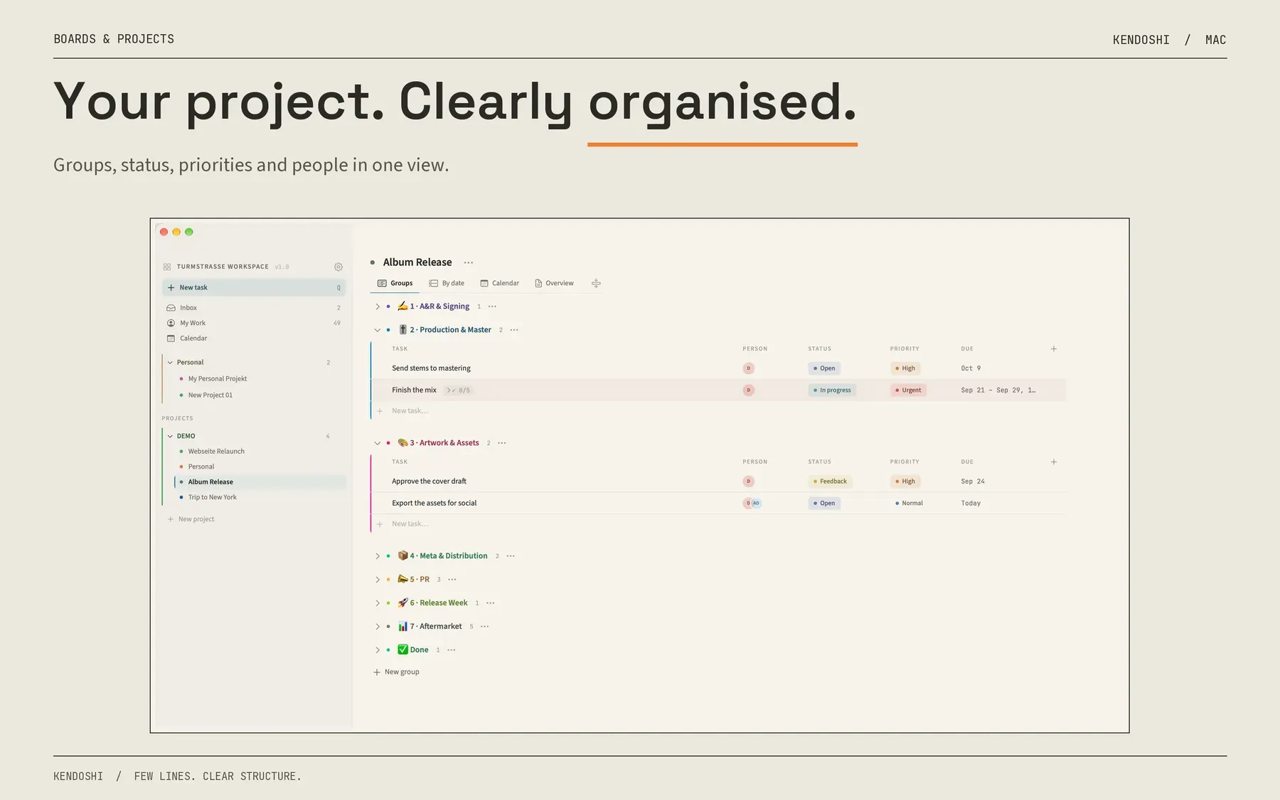 Kendoshi on the Mac: a project as a board with groups, status and priority