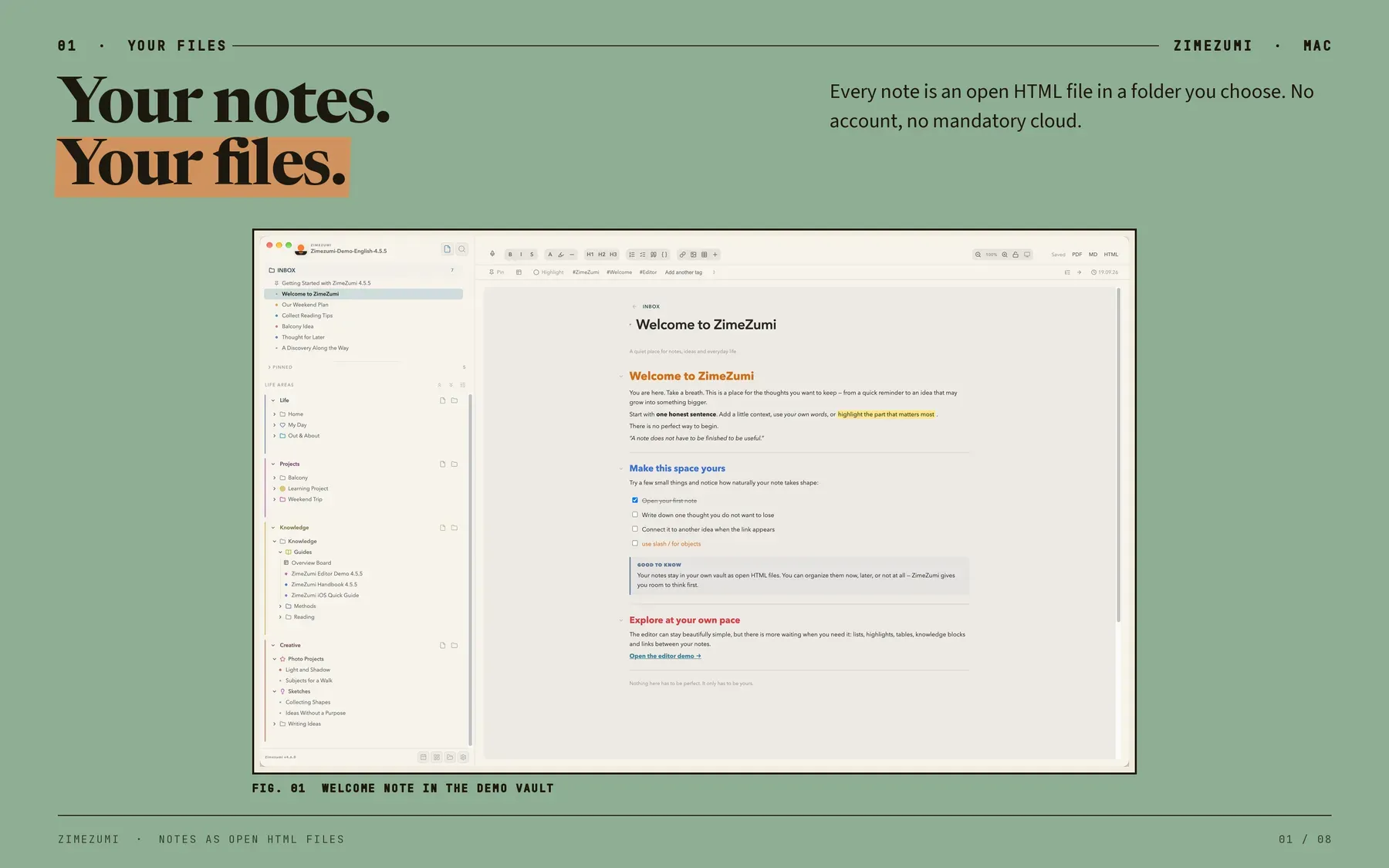 Zimezumi on the Mac: life areas in the sidebar and an open note