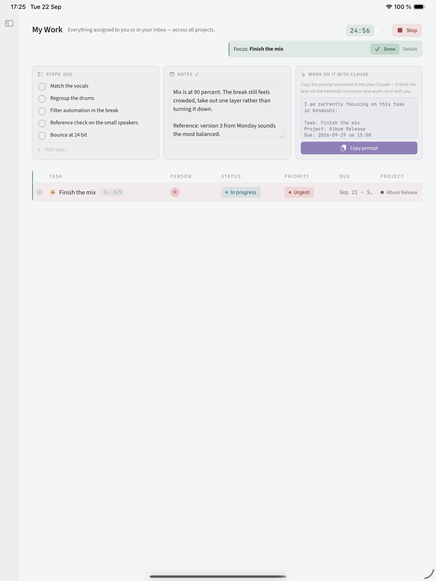 Focus mode on the iPad with timer, steps and notes