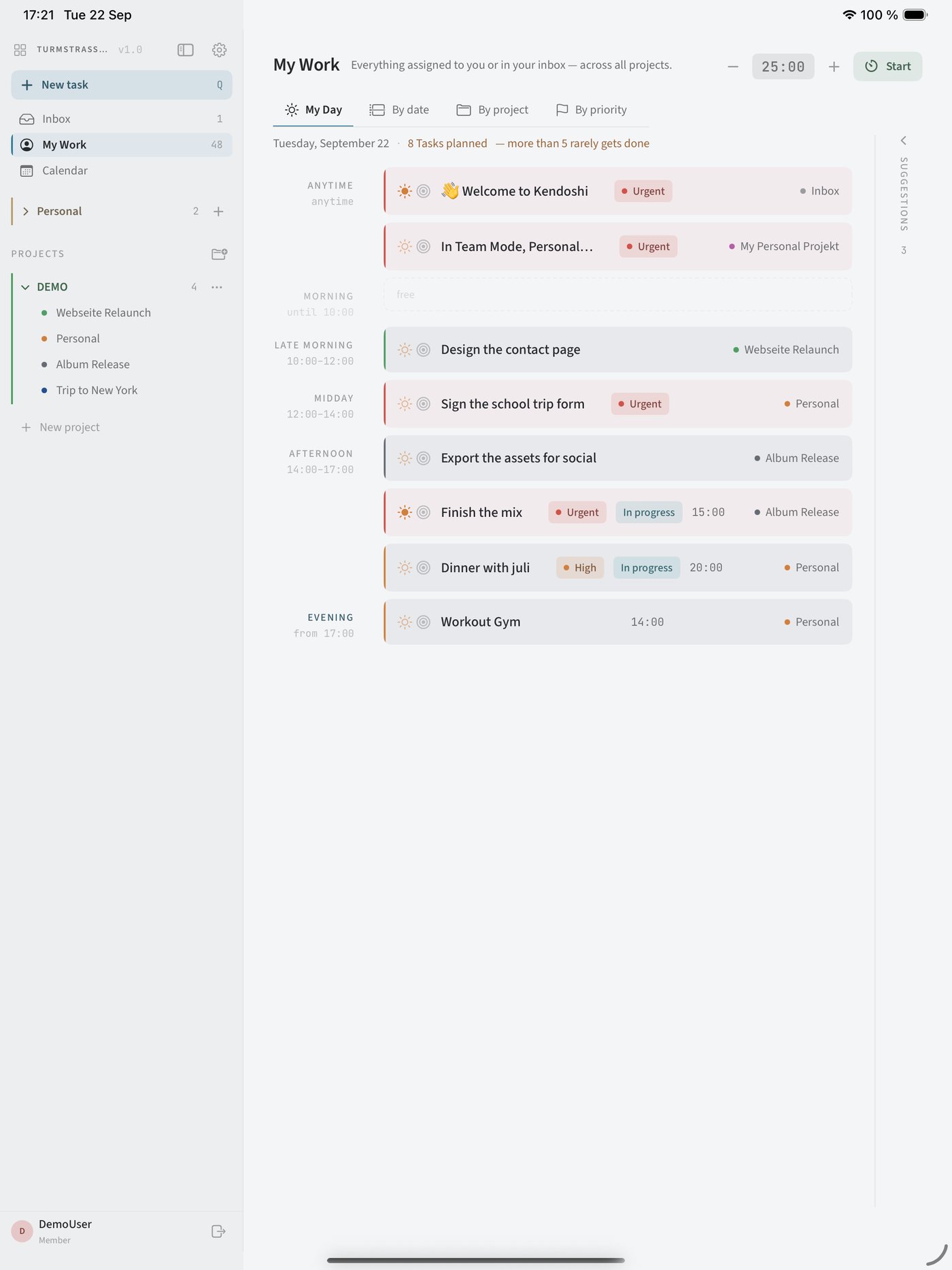 Kendoshi on iPad: My Day with day blocks and a suggestions column