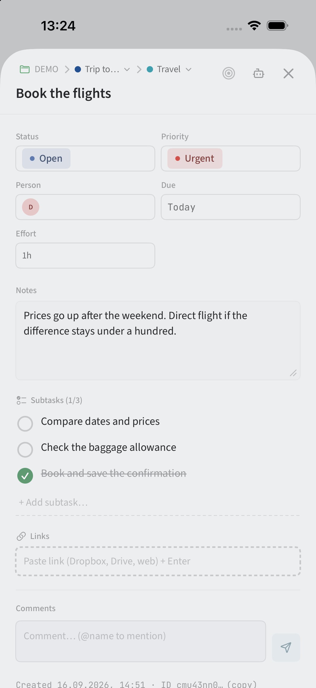 Task detail view on the iPhone with subtasks and notes