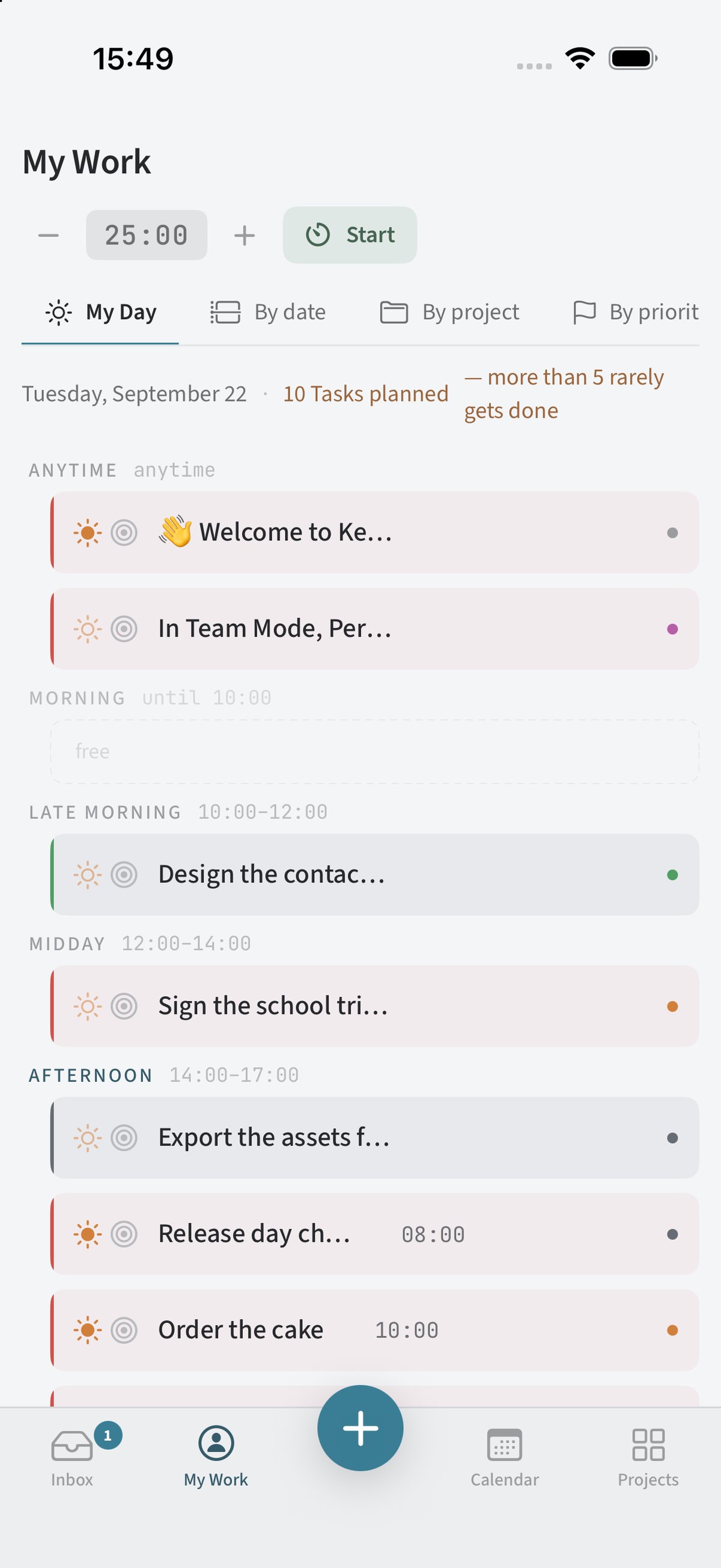 Kendoshi on iPhone: My Day with tasks in time blocks