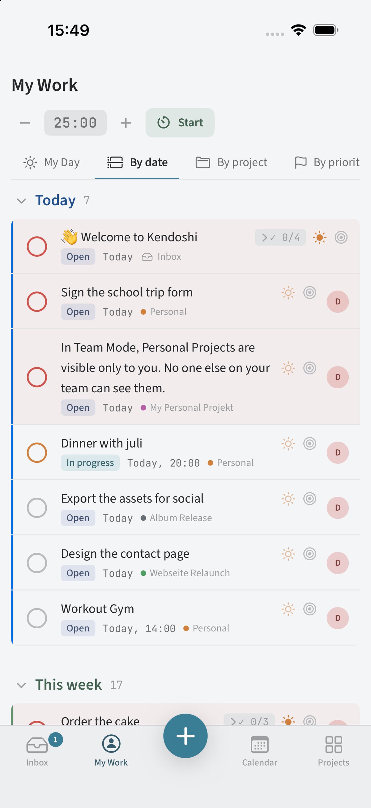 Kendoshi on iPhone: task list sorted by date