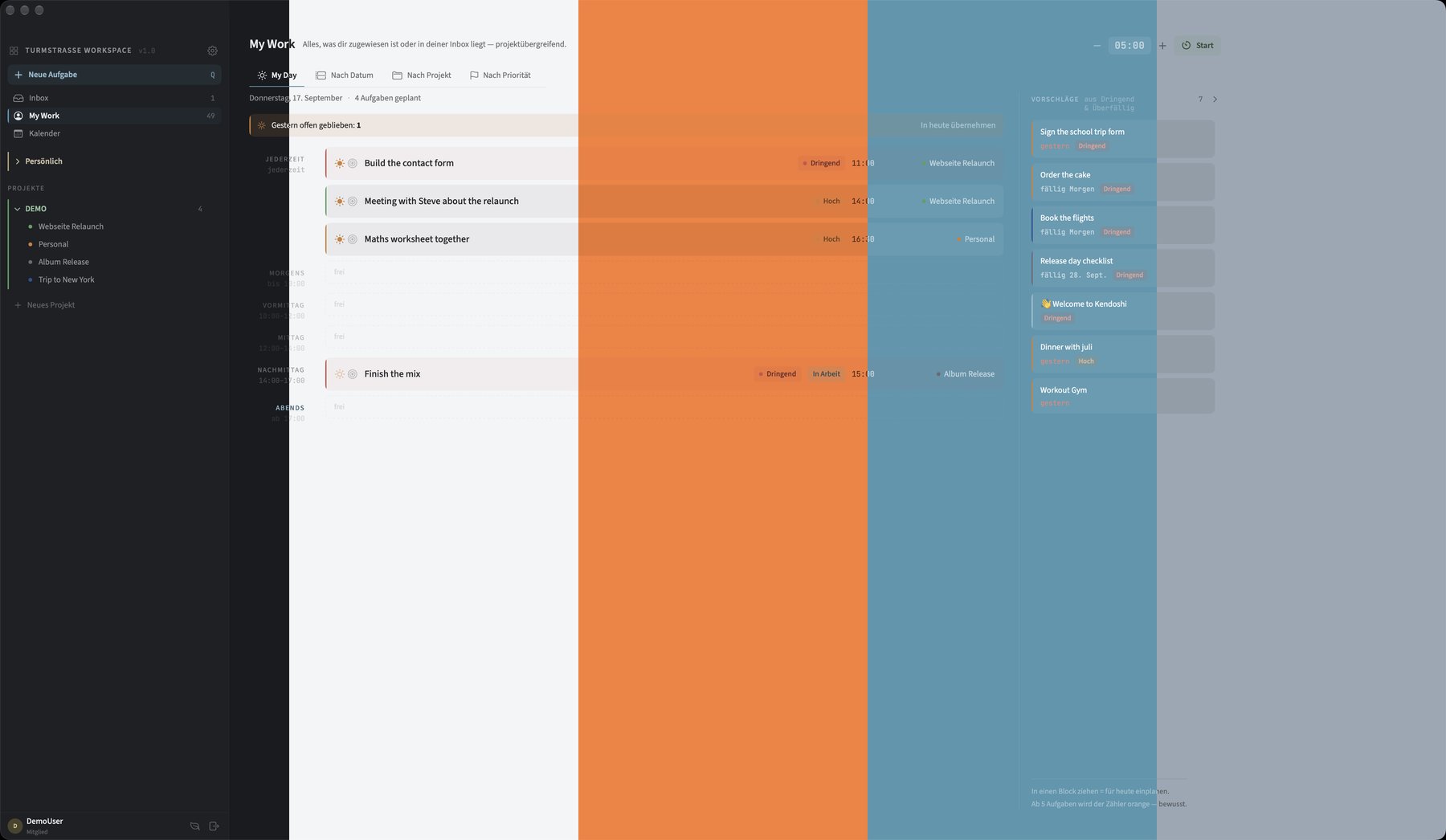 The same Kendoshi screen in five vertical bands, each in a different self-chosen colour