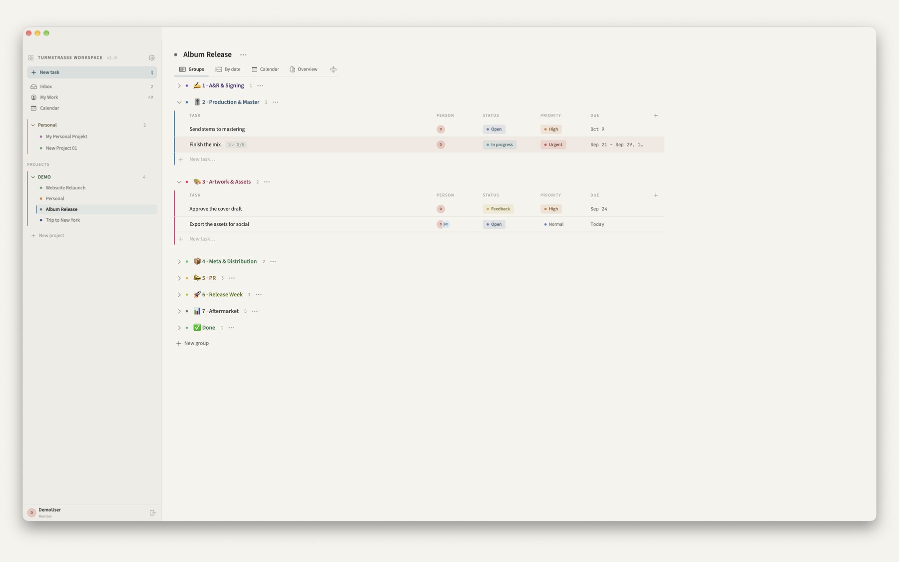 Kendoshi on the Mac: the Album Release project with expanded groups, status and priority chips