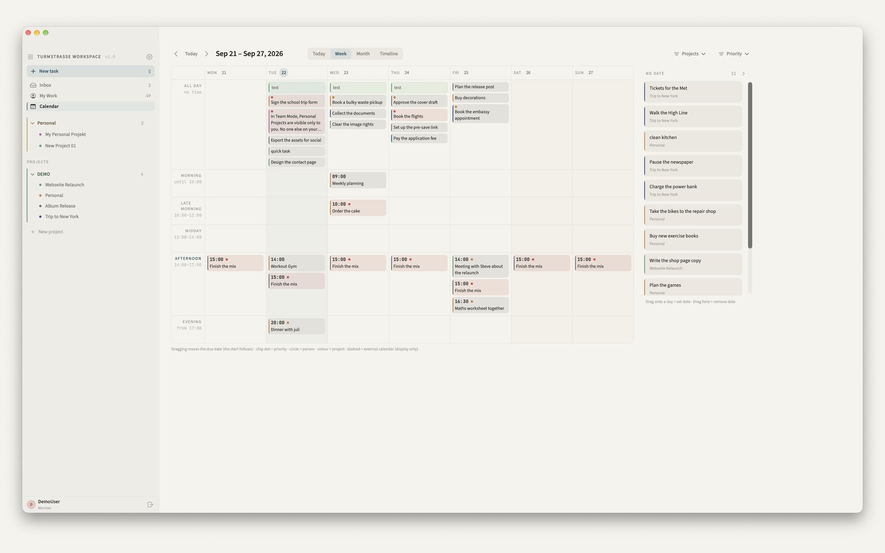 Week view in the Kendoshi calendar with tasks in time blocks