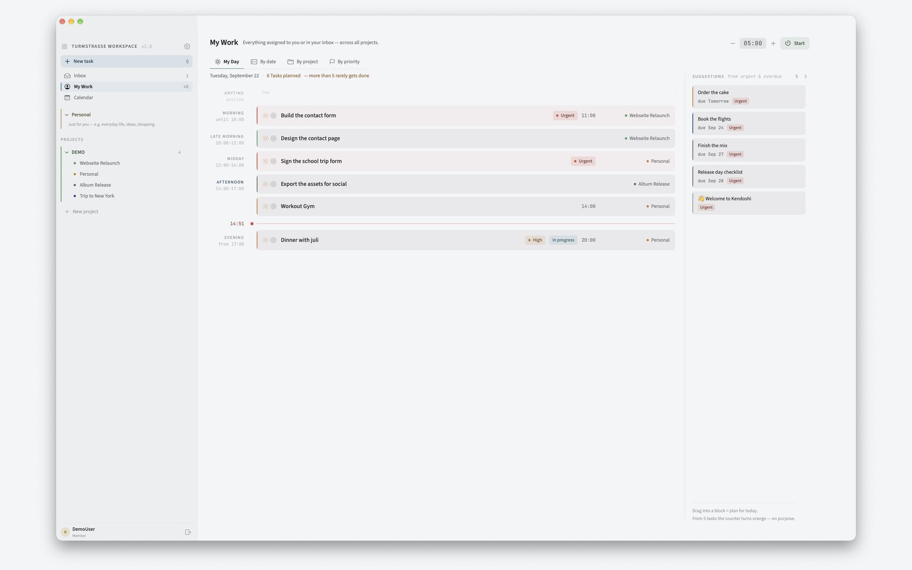 My Day in Kendoshi: tasks in day blocks from morning to evening, with a suggestions column on the right