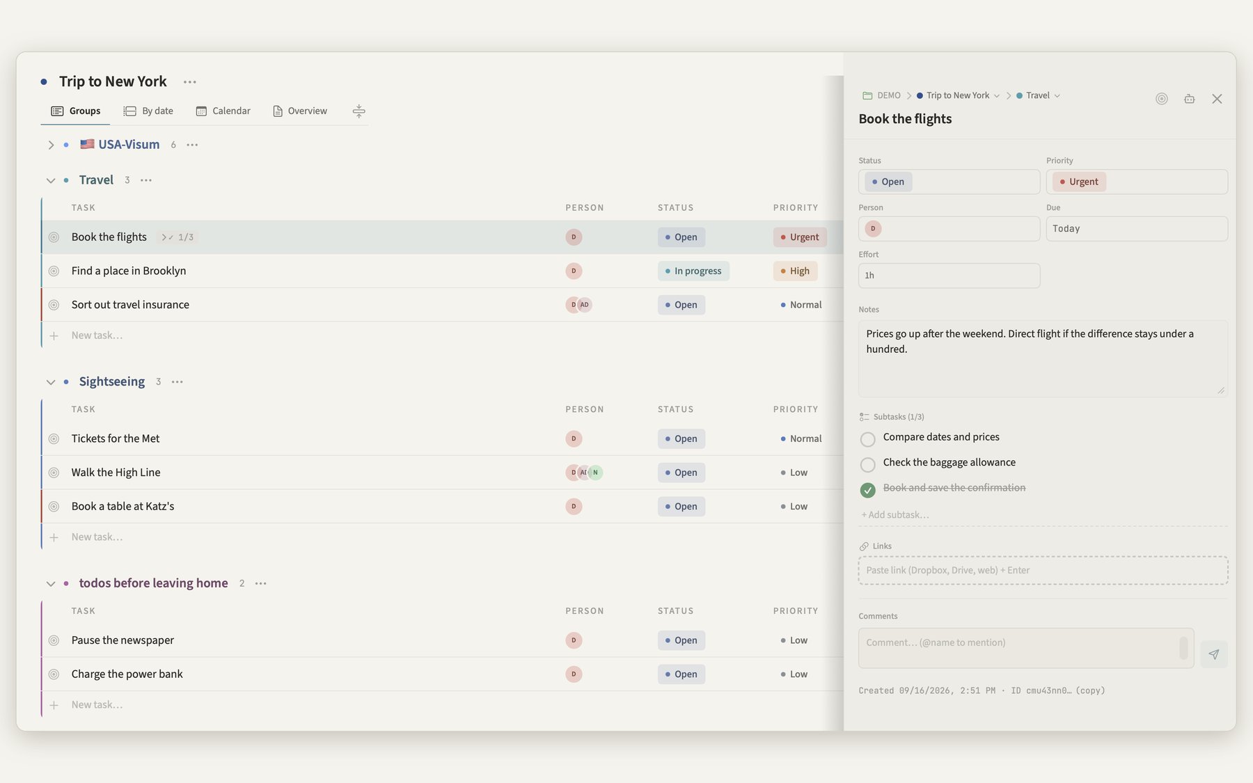Detail panel of a task in Kendoshi with status, priority, due date, notes and subtasks