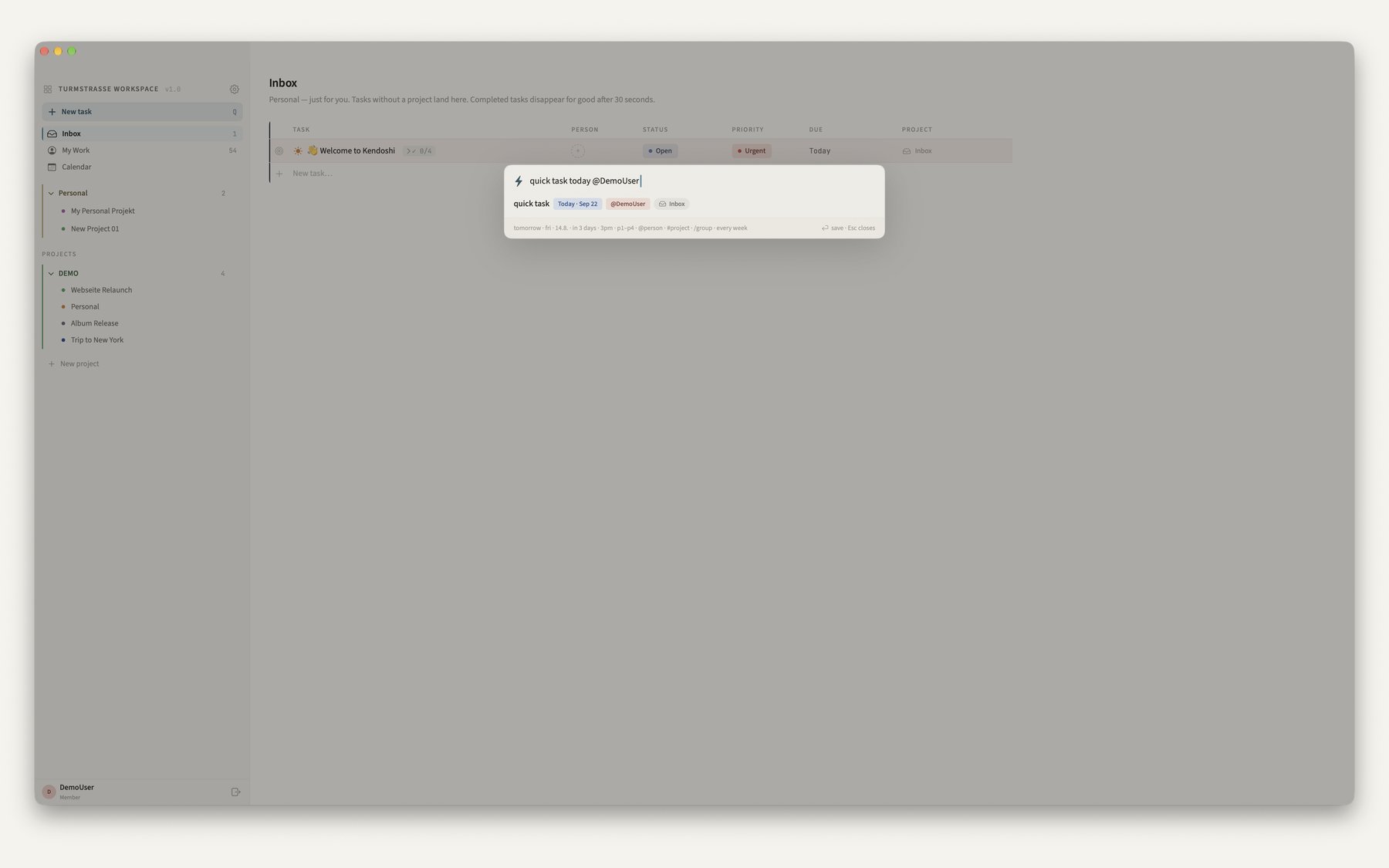 Quick entry in Kendoshi with a preview of the recognised fields and a syntax line