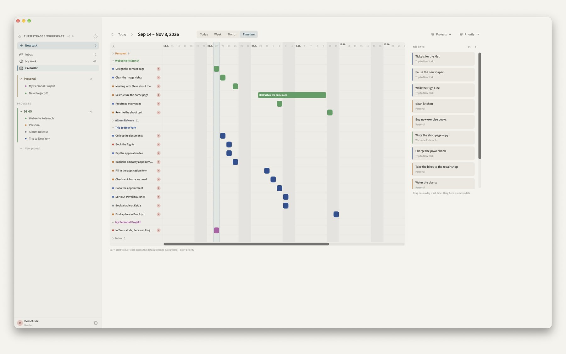Timeline view in Kendoshi with coloured bars per task across several weeks