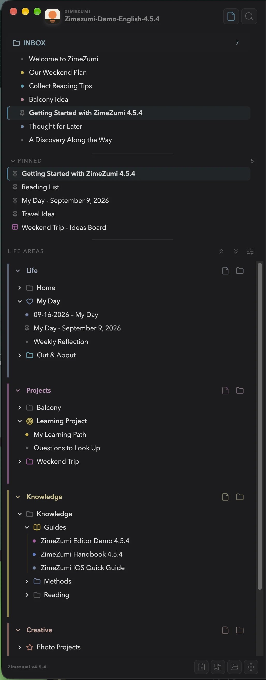 ZimeZumi sidebar with the INBOX, pinned notes and the four life areas Life, Projects, Knowledge and Creative, each in its own colour and with its own folder symbols.