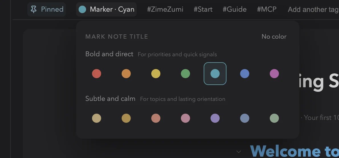 Colour picker for a note title in ZimeZumi with two rows: bold colours for priorities and subtle colours for topics, with the note's tags above.