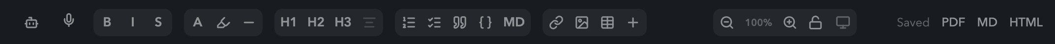 The ZimeZumi toolbar: on the far left the AI symbol and dictation, then text formatting, colours, headings H1 to H3, lists, quote, code, Markdown, link, image and table, on the right zoom, write protection, desktop note, save status and the export buttons PDF, MD and HTML.