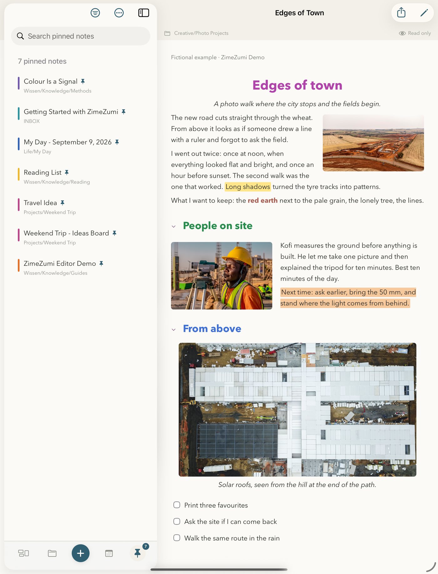 ZimeZumi on iPad: seven pinned notes with their location on the left, an open photo note on the right.