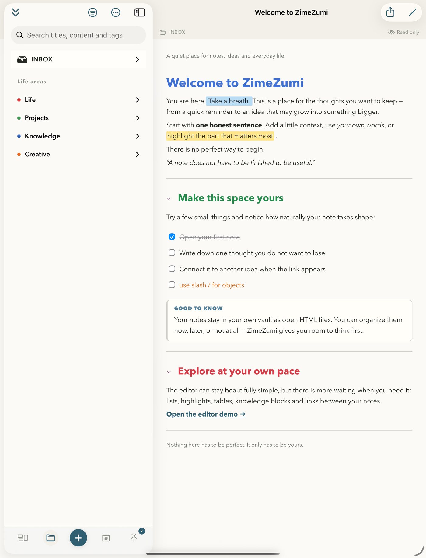 ZimeZumi on iPad in the light theme: search, INBOX and the life areas on the left, the welcome note with coloured headings and a checklist on the right.