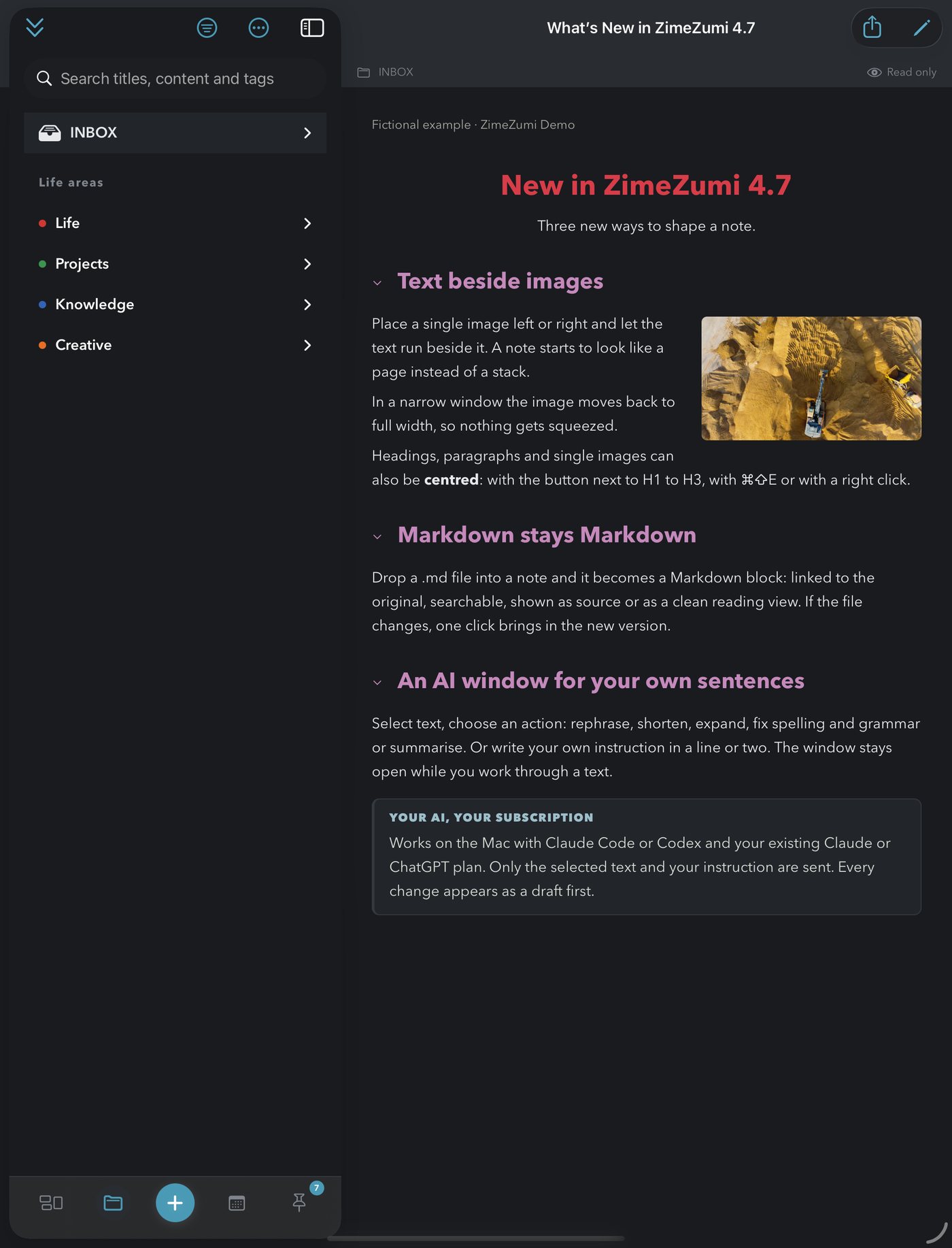 ZimeZumi on iPad in the dark theme: the library with the life areas on the left, a note with an image beside the text on the right.