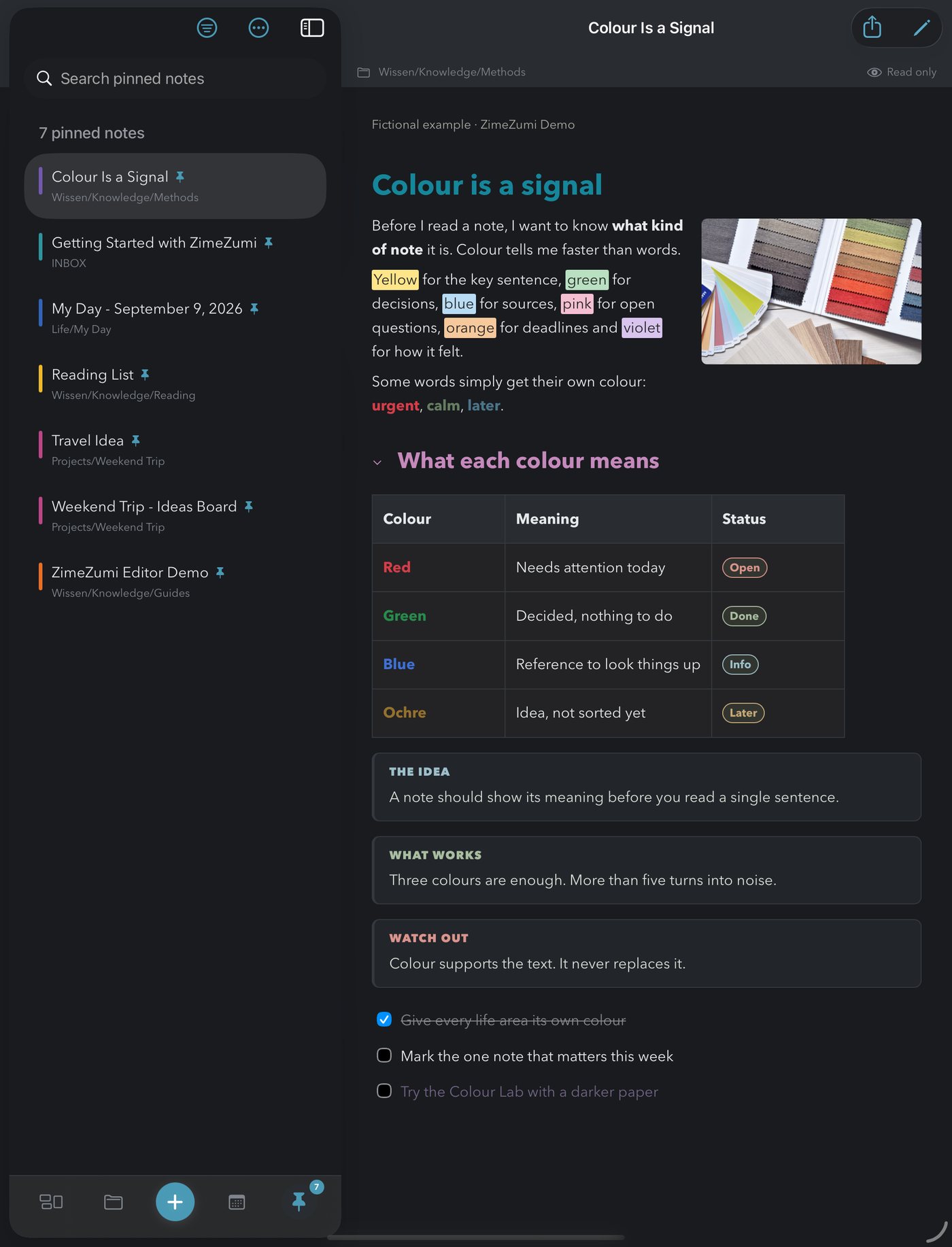 ZimeZumi on iPad in the dark theme: pinned notes on the left, the note Colour Is a Signal on the right with a photo, coloured highlights and a table with badges.