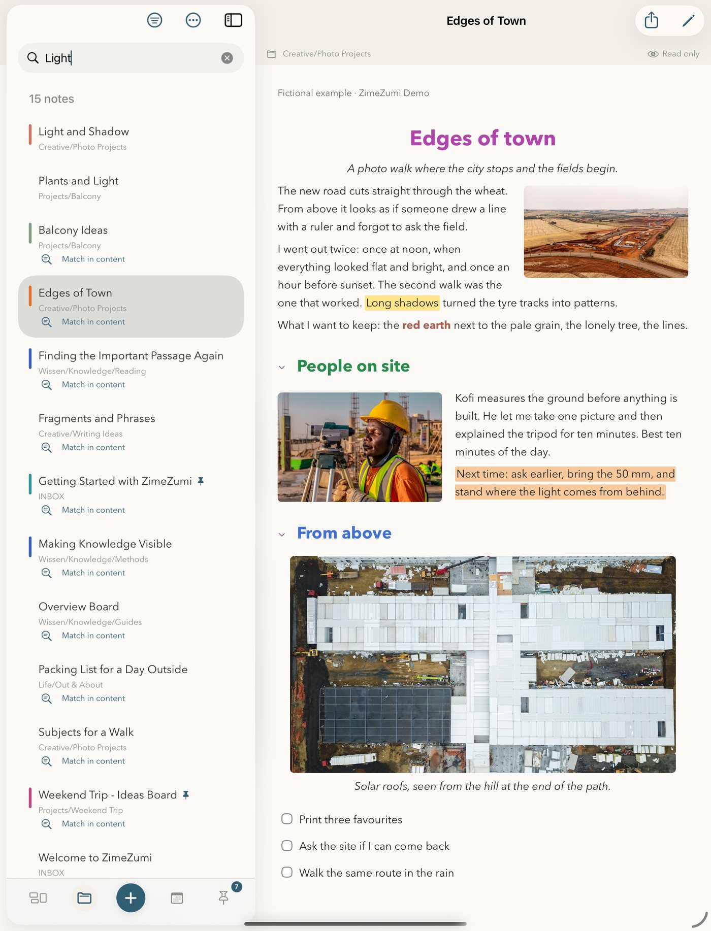 A search for light in ZimeZumi on iPad: 15 results with their location and a hint at matches in the text on the left, the open note on the right.