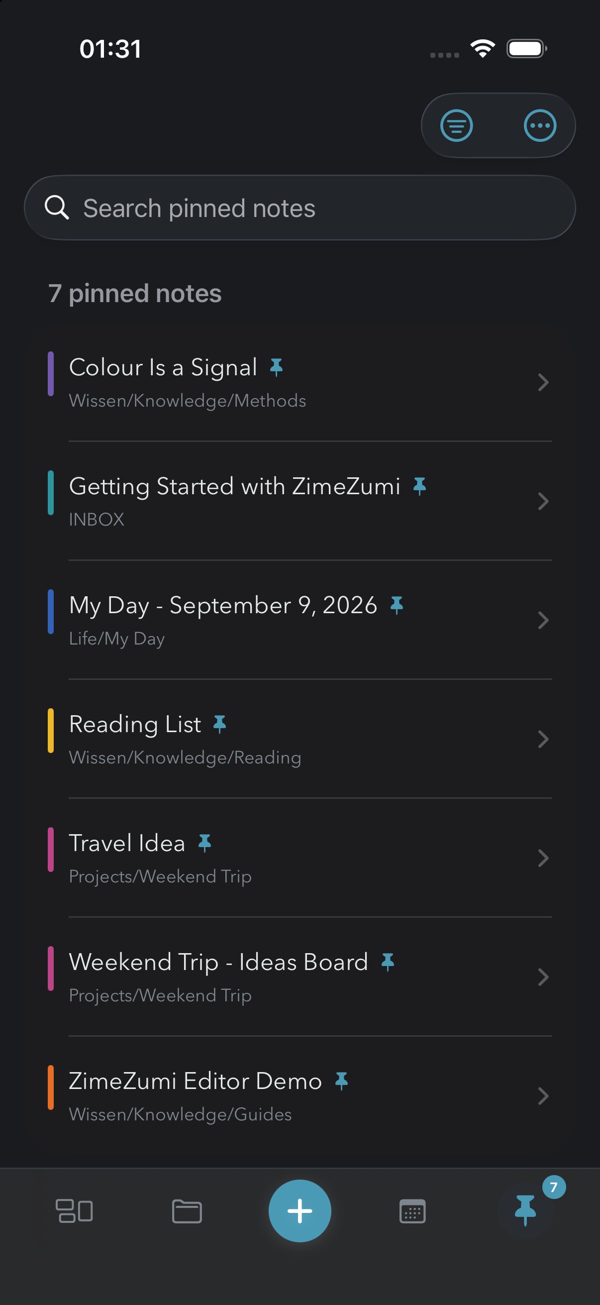 Seven pinned notes in ZimeZumi on iPhone, each with a pin, a colour bar and its location.