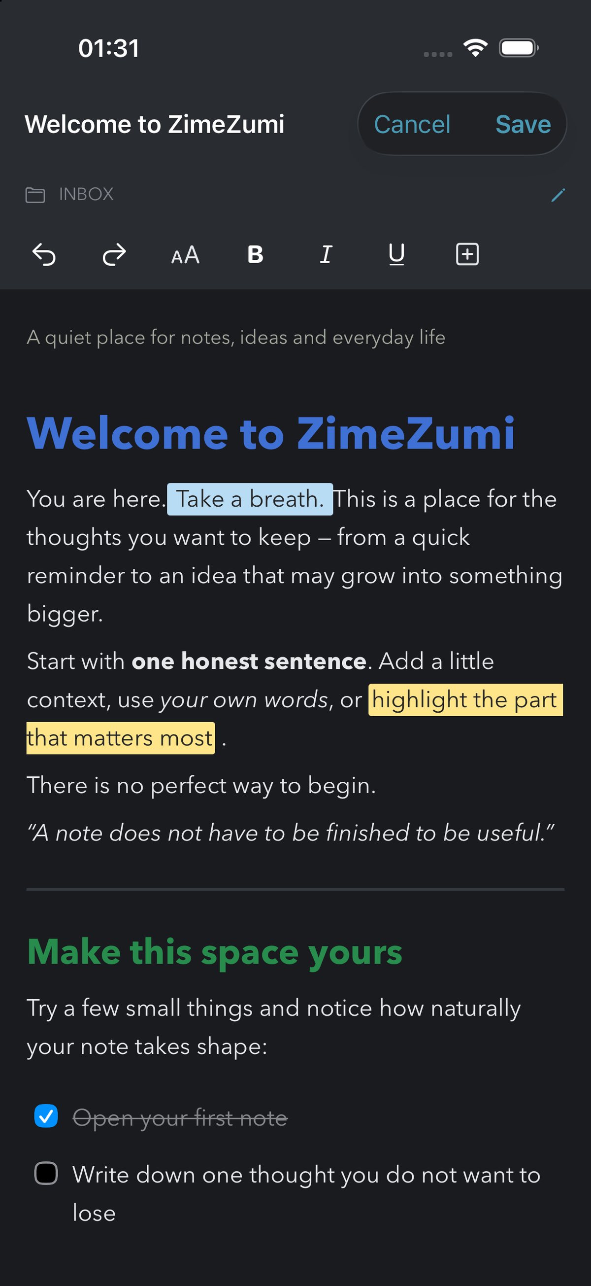 The same note in editing mode: Cancel and Save at the top, below them the bar with undo, text size, bold, italic, underline and insert block.