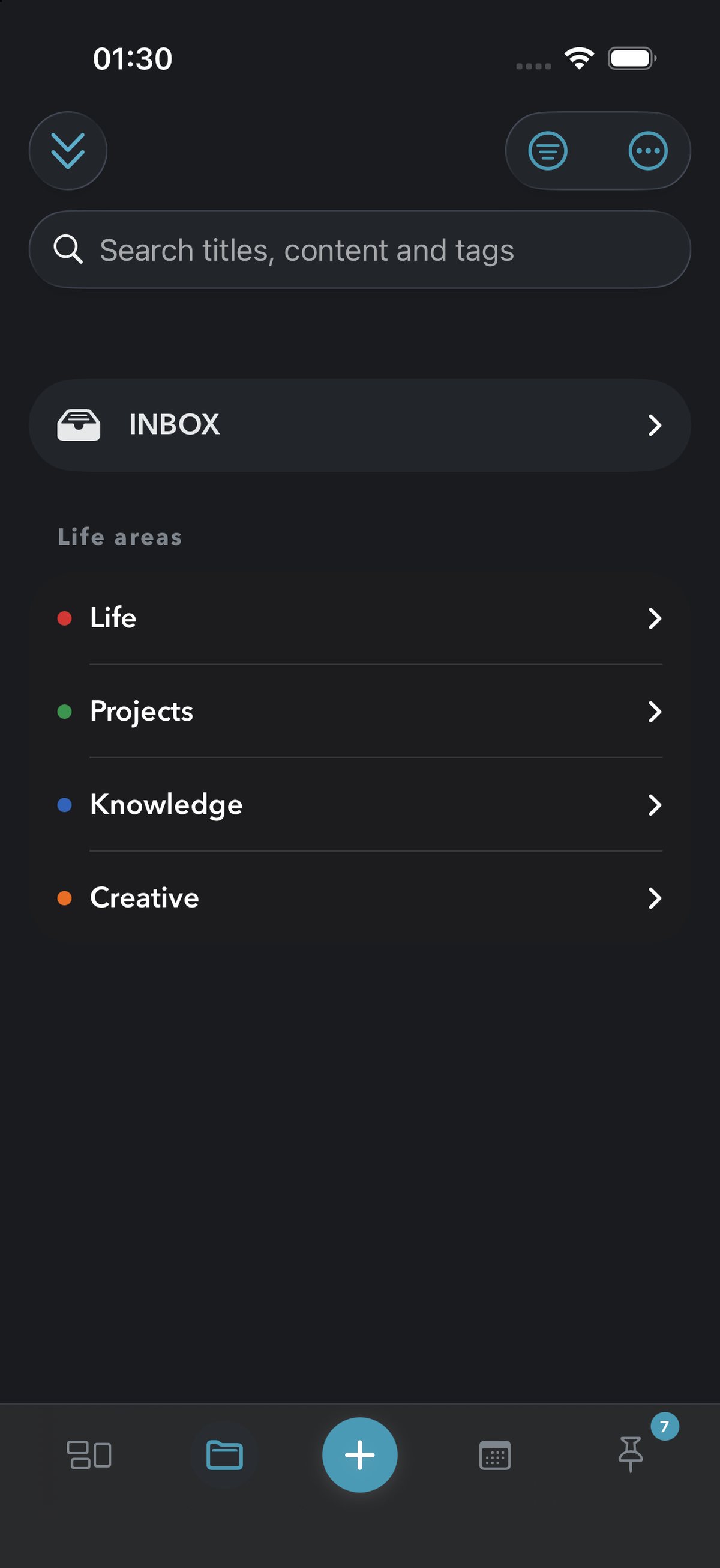 ZimeZumi on iPhone in the dark theme: search field, INBOX and the four life areas with colour dots, the bar with the plus button at the bottom.