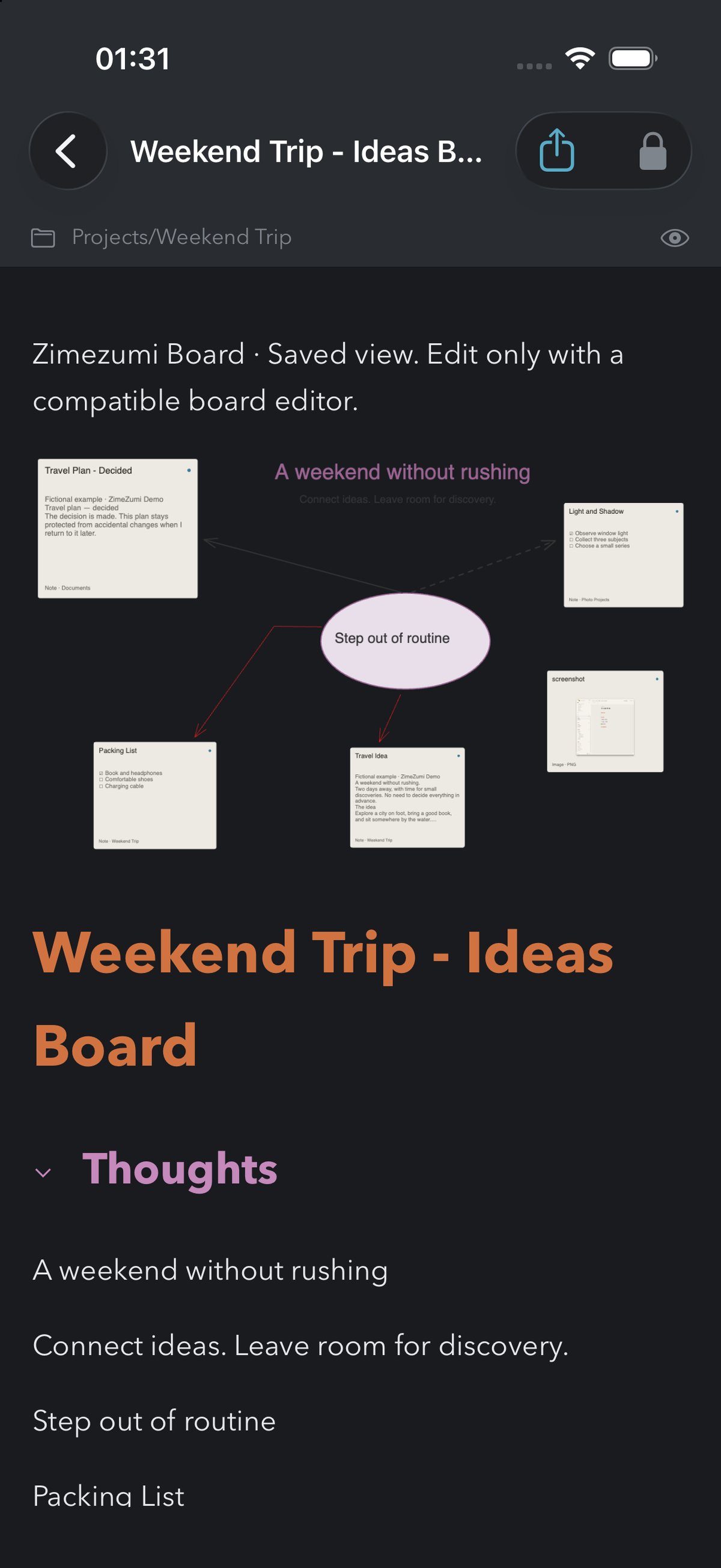 The board Weekend Trip in ZimeZumi on iPhone as a reading view: cards and connections as a preview, the thoughts below as text.