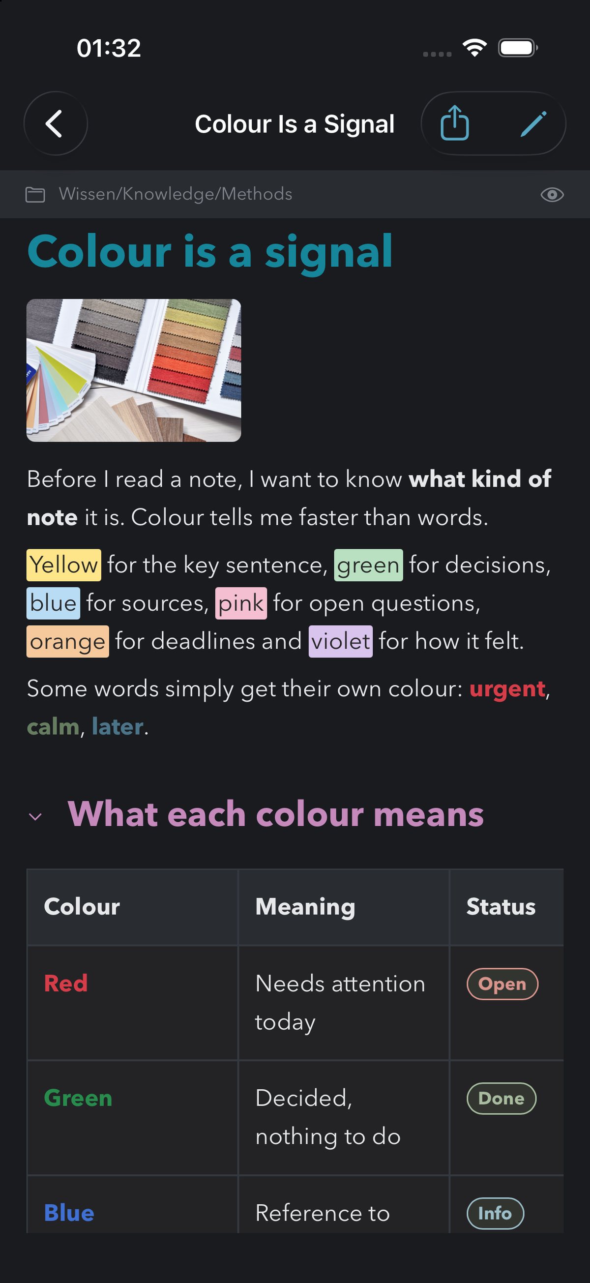 The note Colour Is a Signal in ZimeZumi on iPhone with a photo, coloured highlights, coloured words and a table with status badges.
