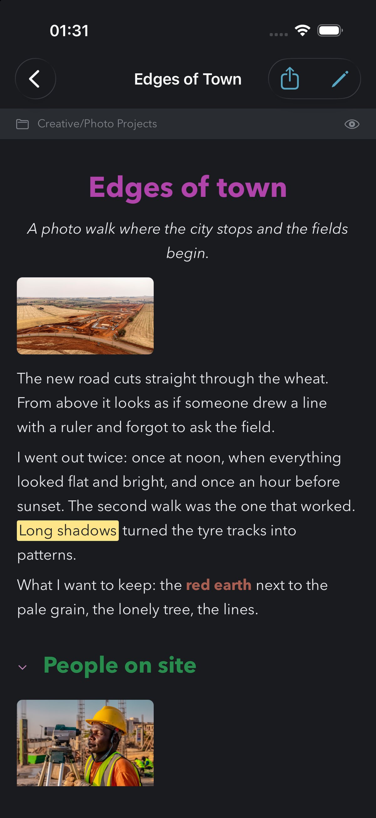 The photo note Edges of Town in ZimeZumi on iPhone with a centred title, an aerial photo, text with a highlight and a portrait.