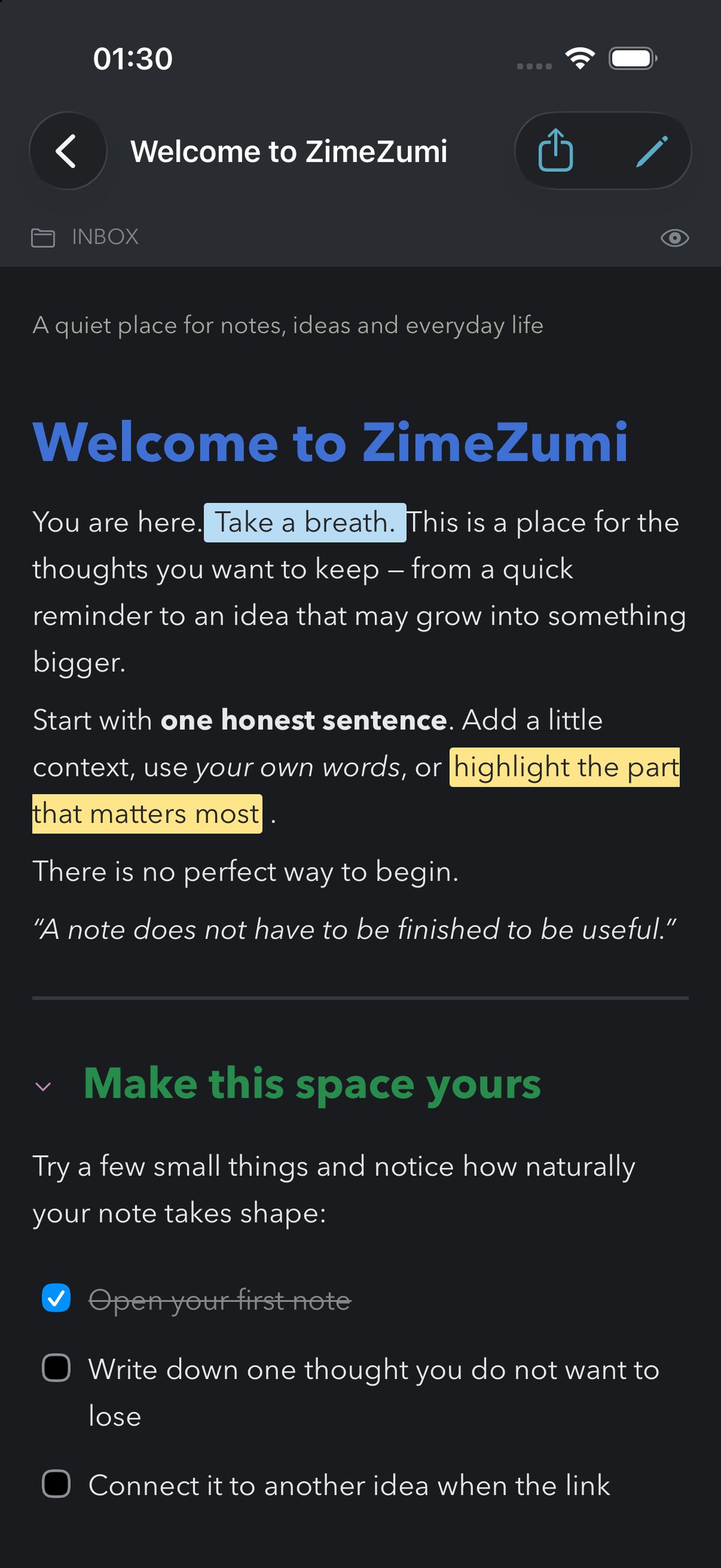 The welcome note in ZimeZumi on iPhone in reading view with coloured headings, highlights and a checklist.