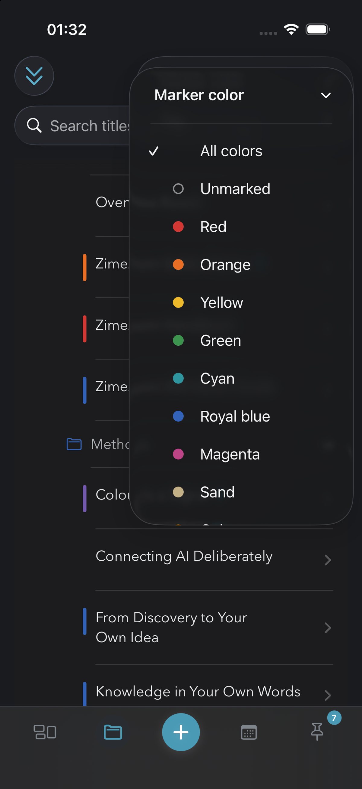 The marker colour menu open in ZimeZumi on iPhone: all colours, unmarked and the single colours from red to sand.