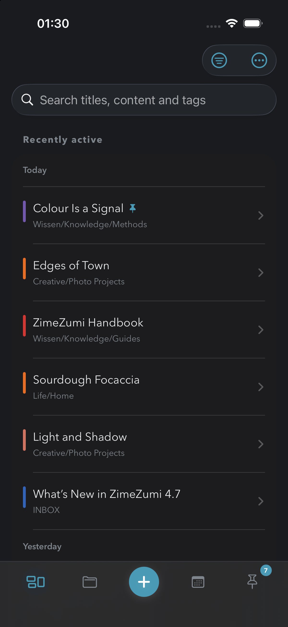 The recently active list in ZimeZumi on iPhone with today's notes, each with a colour bar and its location.