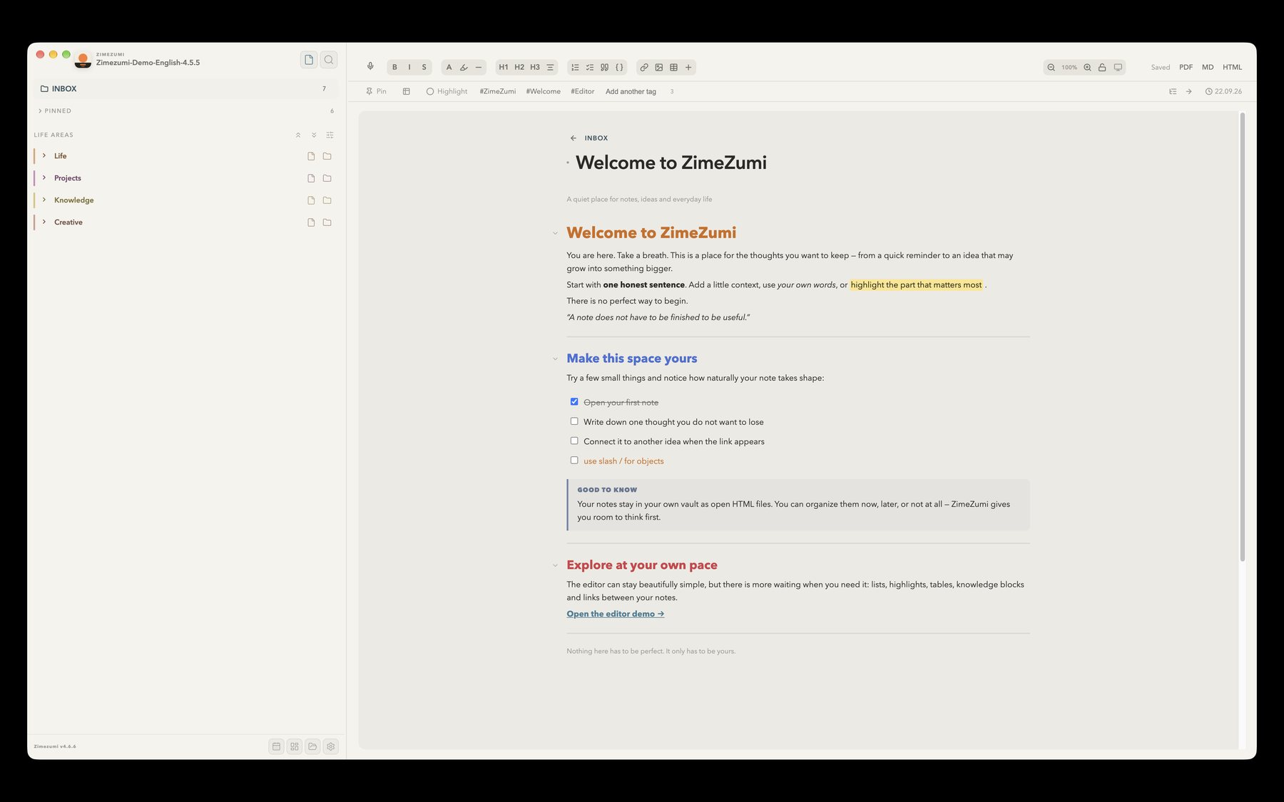 ZimeZumi on Mac: a welcome note with coloured headings, a checklist and a knowledge block, with the note tree on the left.