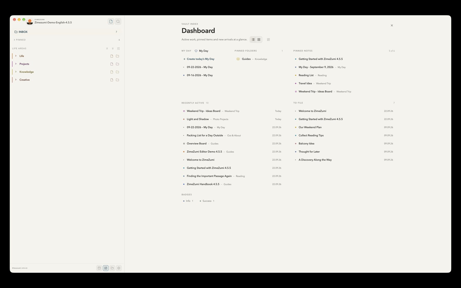 ZimeZumi dashboard in list view: My Day, recently active notes, items to file, pinned notes and folders, beside the note tree.