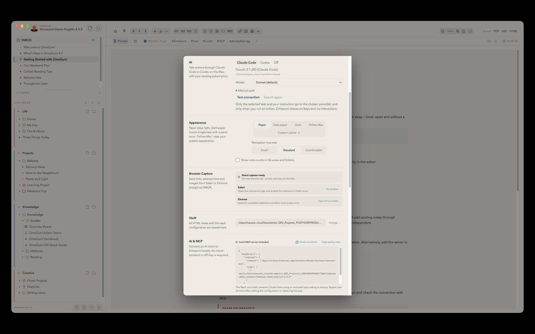 ZimeZumi settings with the AI card, appearance and note tree size, browser capture, vault path and the local MCP server.