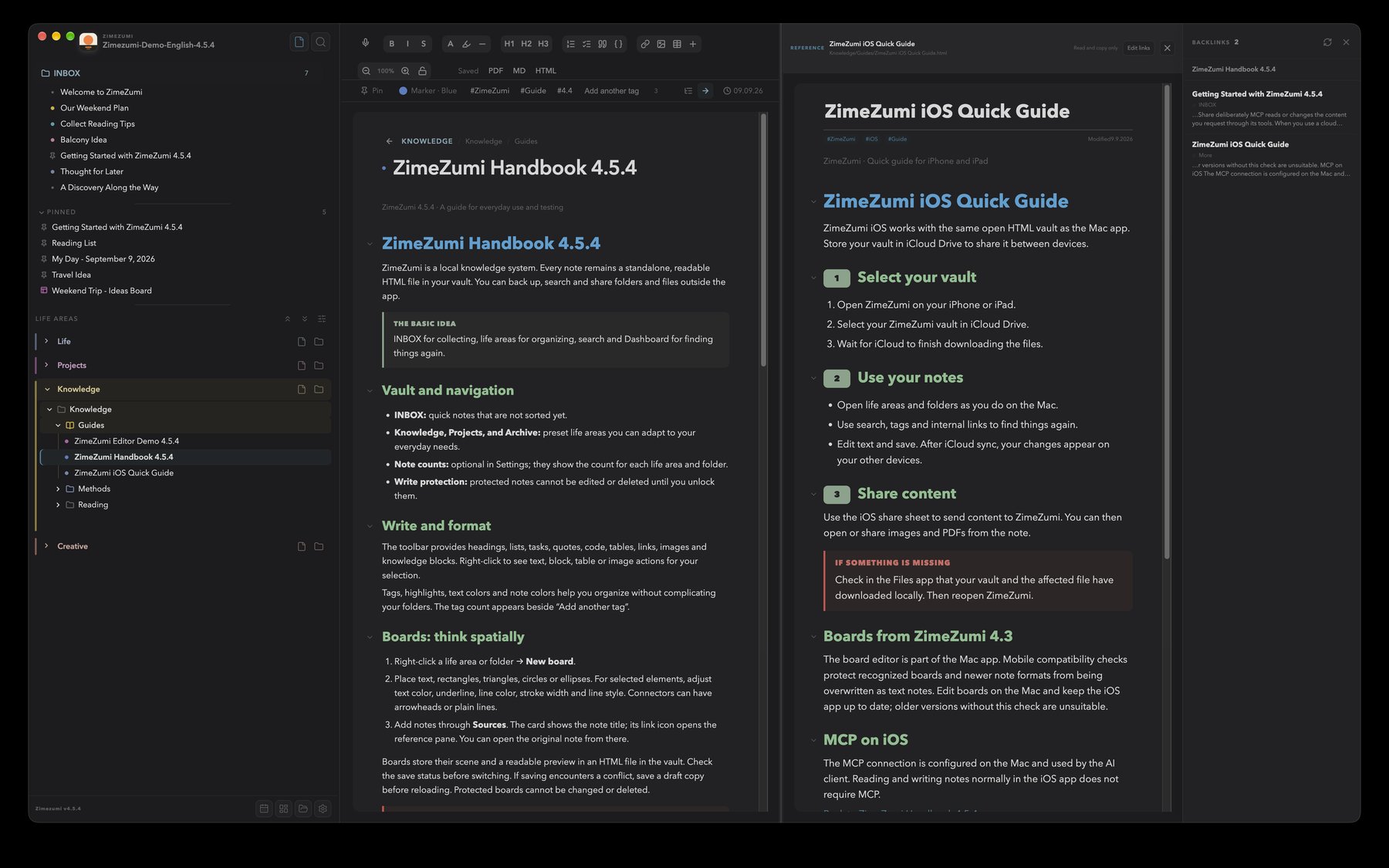 A handbook note in ZimeZumi with a second note open in the reference view and the backlinks column on the right.