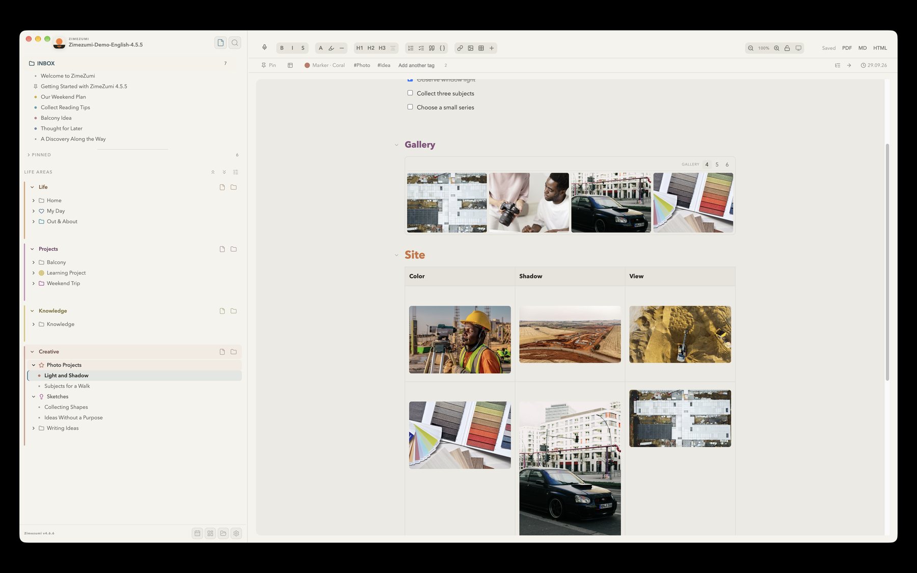 A note in ZimeZumi with a four-column image gallery and a table containing images.