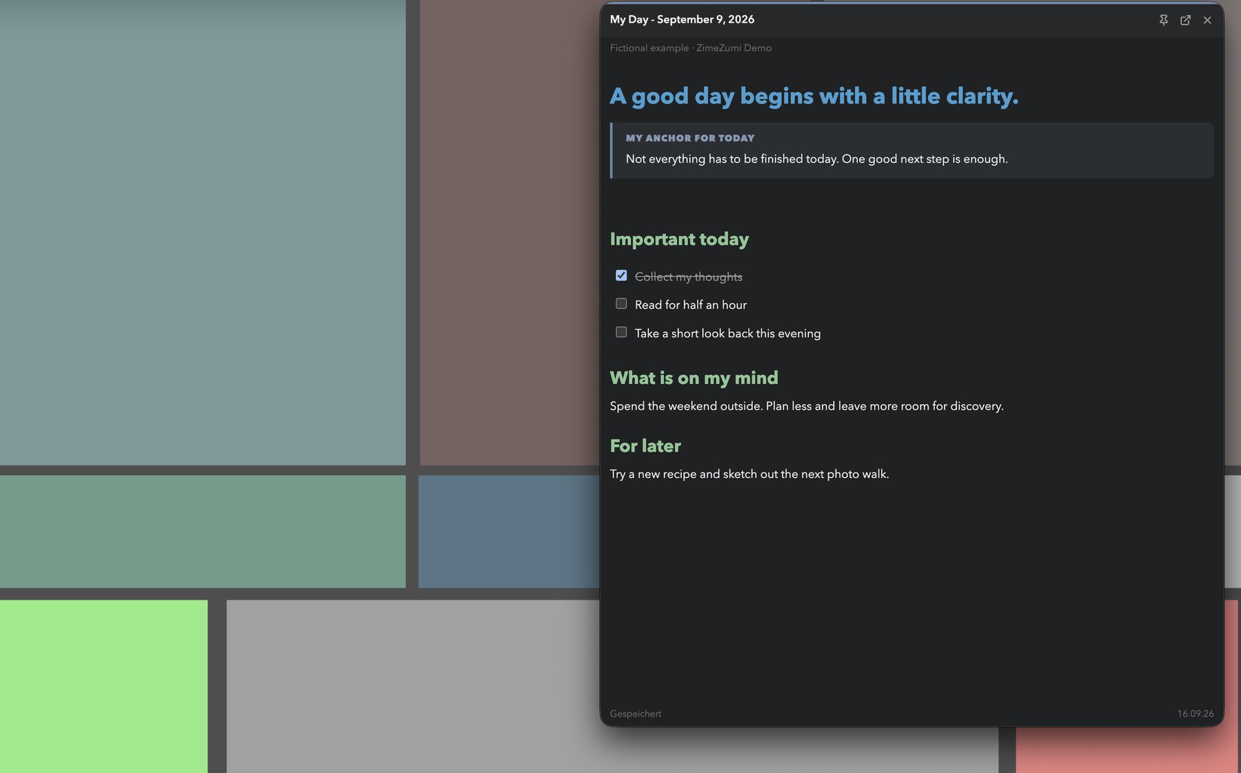 A ZimeZumi desktop note over a coloured desktop: daily note with anchor, checklist and sections, pin, open and close at the top.