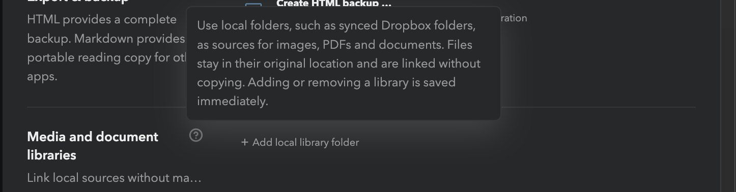 ZimeZumi settings, section media and document libraries, with the note that local folders such as synced Dropbox folders serve as sources and files stay in place.