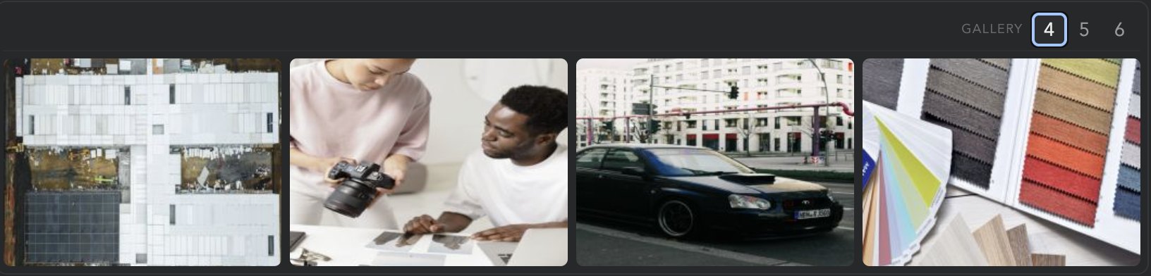An image gallery in ZimeZumi with four photos side by side and the choice between 4, 5 and 6 columns at the top right.