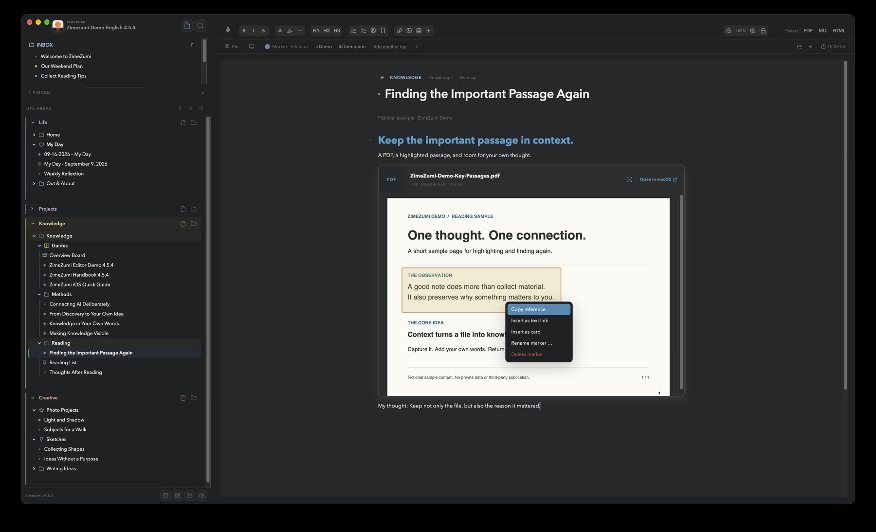 An embedded PDF in a ZimeZumi note with a marked paragraph and the context menu: copy reference, insert as text link or card, rename or delete the marker.