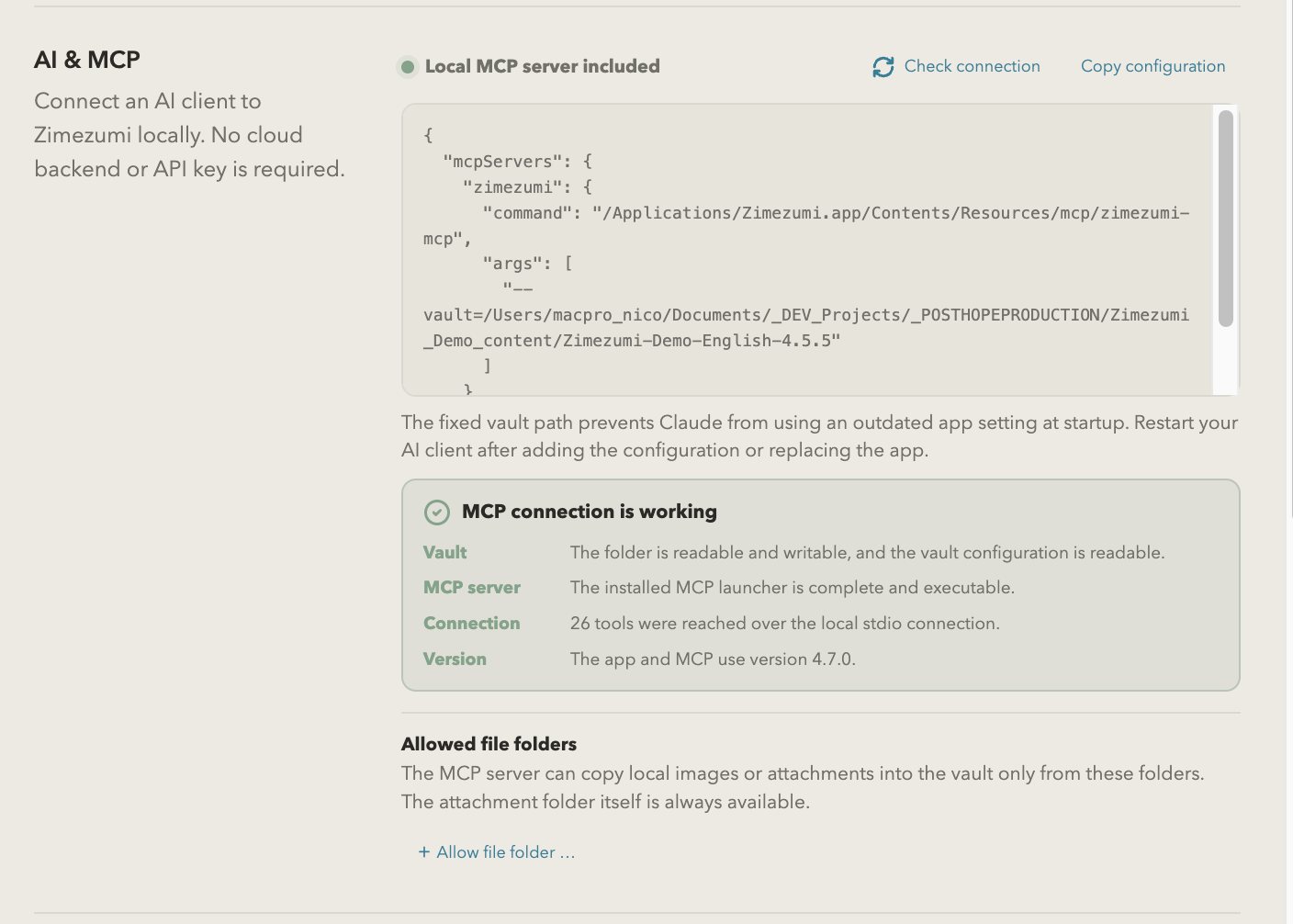 ZimeZumi settings, section AI and MCP: local MCP server included, the JSON configuration with a fixed vault path and the result of the check: vault, MCP server, 26 tools reached, version 4.7.0.