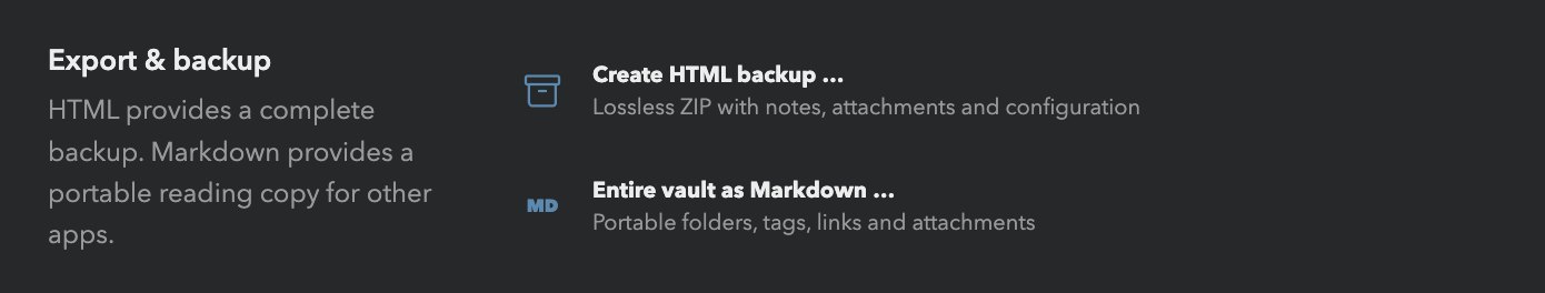 ZimeZumi settings, section export and backup, with the two buttons create HTML backup and entire vault as Markdown.