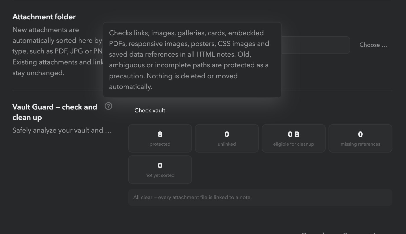 ZimeZumi settings, section Vault Guard, with the note on what is checked and the result: eight protected attachments, none unlinked, no missing references.