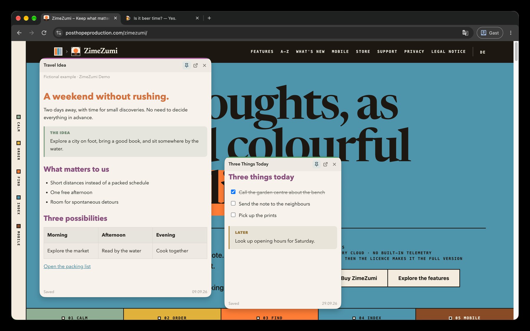 Two pinned ZimeZumi desktop notes, a travel idea with a table and a checklist for today, in front of a browser window showing the ZimeZumi website.