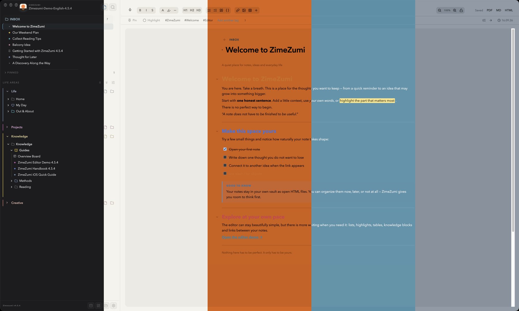 The same note in ZimeZumi, five times side by side in vertical bands: dark, light, orange, blue and grey. Background, text, headings, accents and the note tree can be set separately in the Colour Lab.