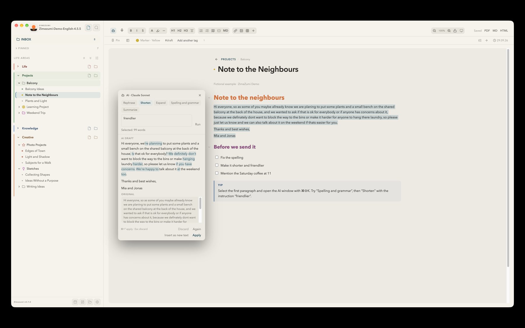 ZimeZumi on the Mac: a selected paragraph in a note, beside it the AI window with five actions and the instruction field, below that the draft and the original.