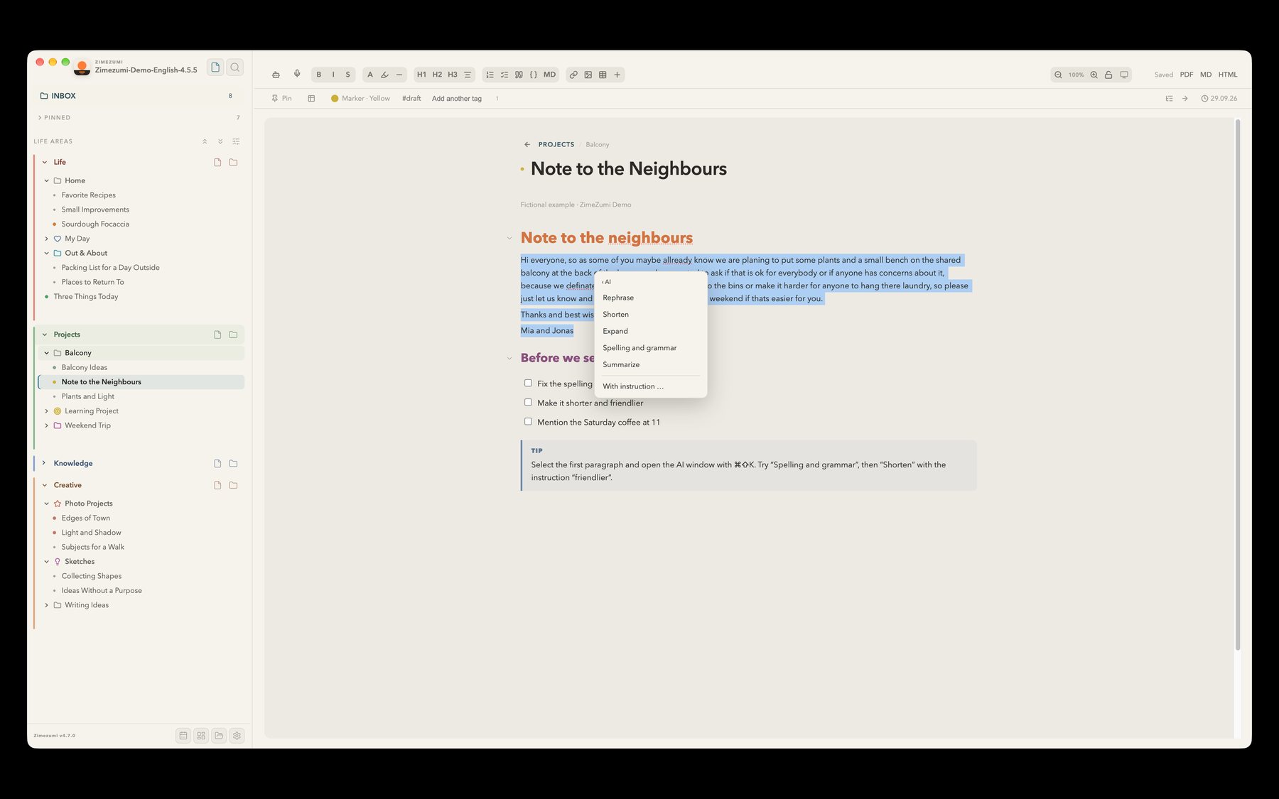 Context menu in ZimeZumi with the AI submenu open: rephrase, shorten, expand, spelling and grammar, summarise and an instruction of your own.