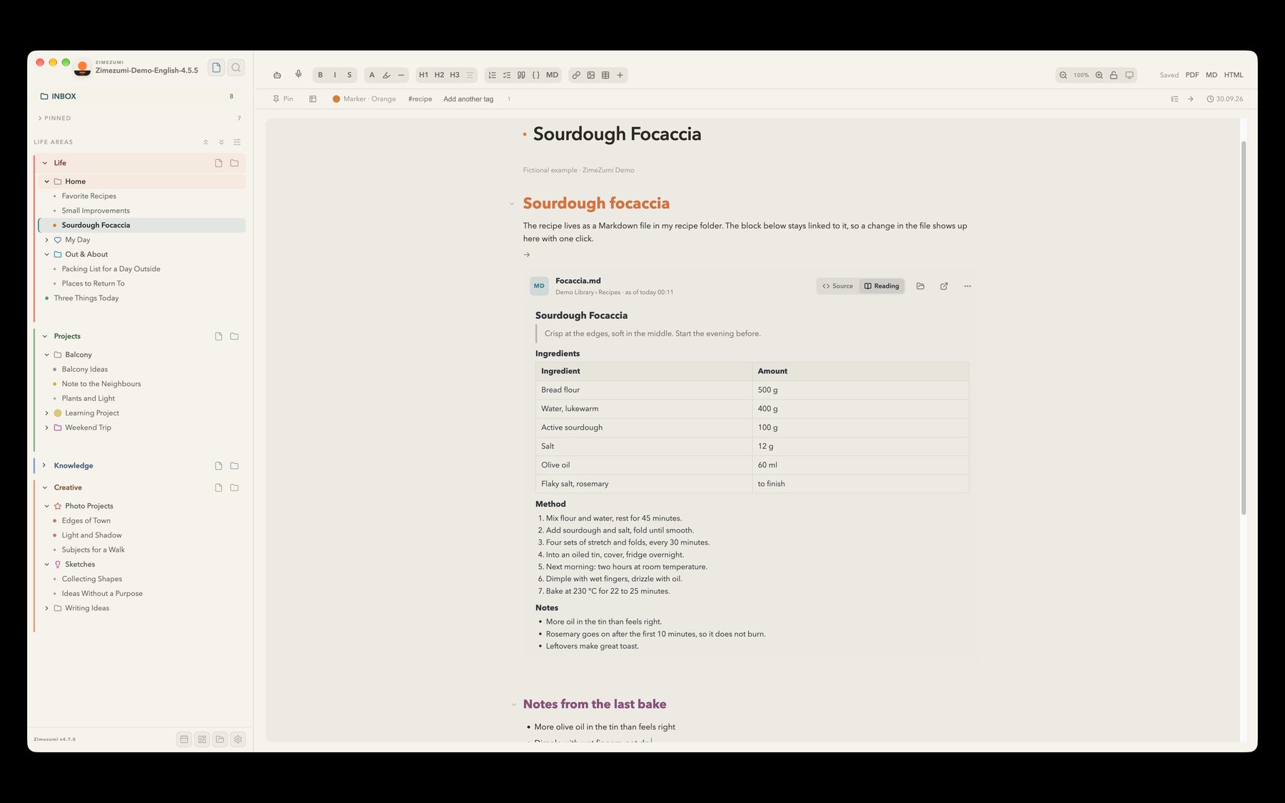Note in ZimeZumi with a Markdown block: a header with MD, file name and origin, below it the recipe with a table and numbered steps in reading view.