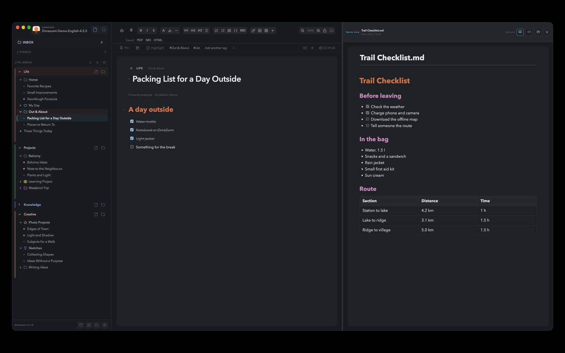 ZimeZumi in dark mode: a note with a packing list on the left, on the right the quick view of Trail Checklist.md with a checklist, a list and a table, read only.