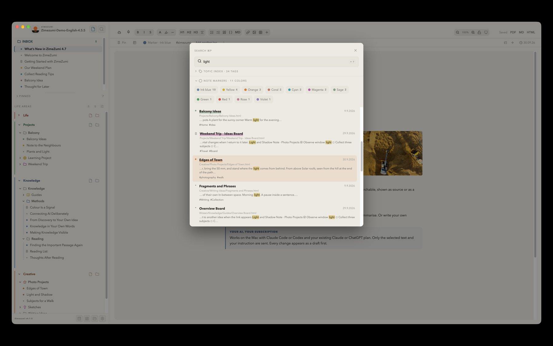 ZimeZumi search palette with the search term light and hits from several notes, each with its location and the highlighted passage.